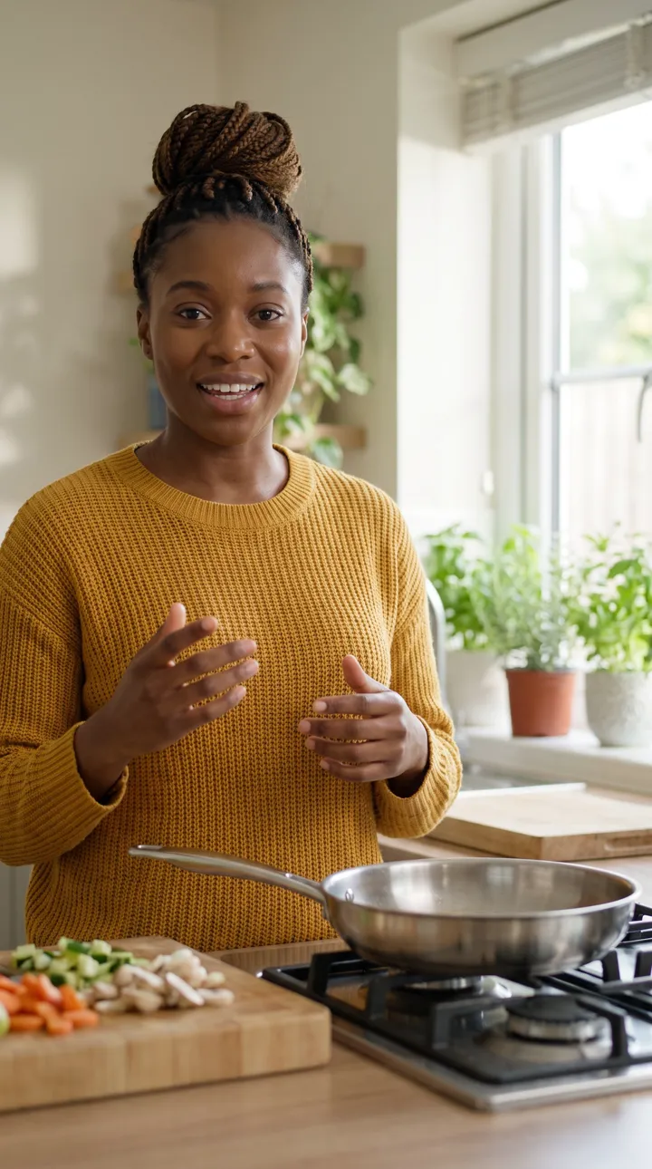 The finished vertical short in the chat: a creator talks to the camera in her kitchen