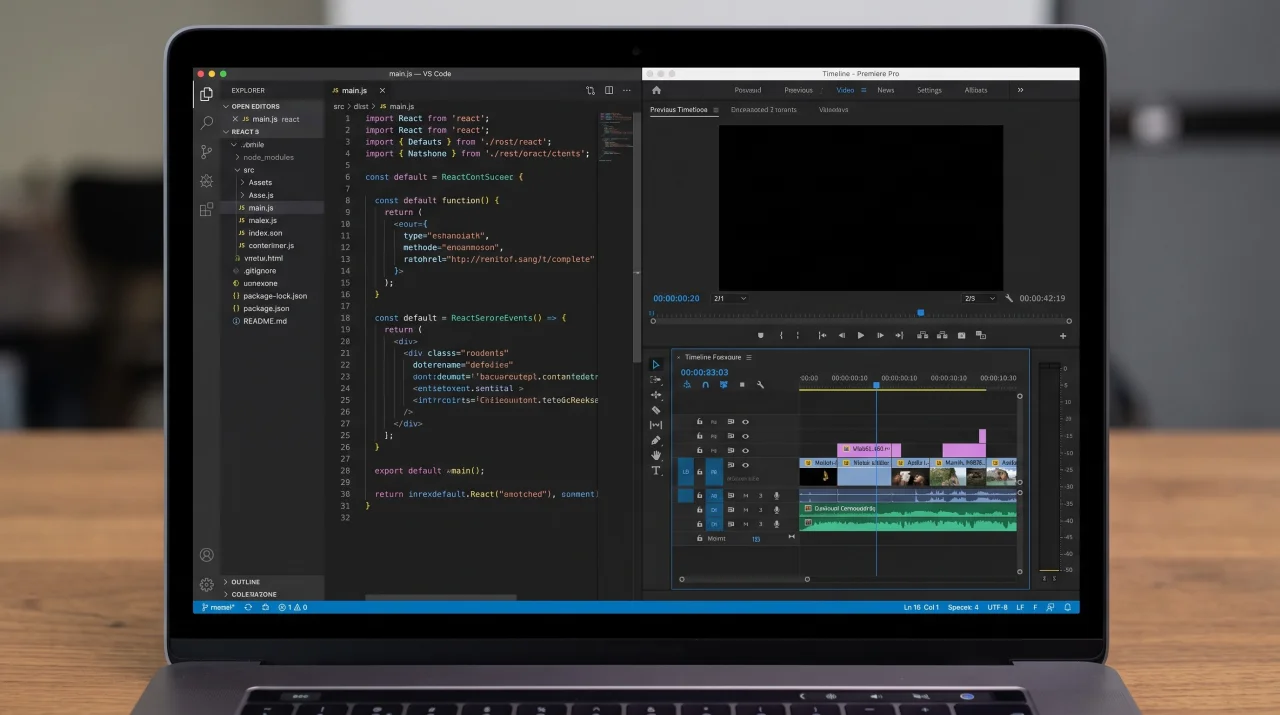 A screen recording of a laptop with code and a video editor